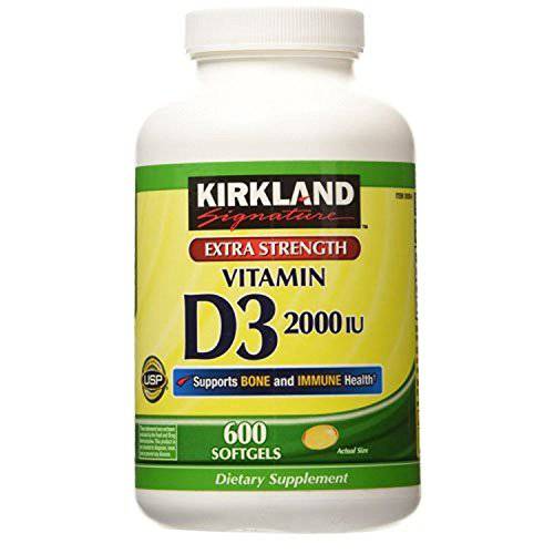 Kirkland Signature Extra Strength Vitamin D3 2000 I.U. 600 Softgels, Bottle (Pack of 2)