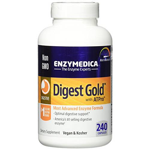 Enzymedica Digest Gold + ATPro, Maximum Strength Enzyme Formula, Prevents Bloating and Gas, 14 Key Enzymes Including Amylase, Protease, Lipase and Lactase, 240 Capsules