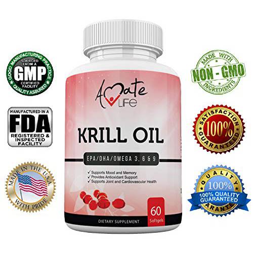 Krill Oil Supplement with Omega 3, 6 & 9, EPA, DHA Supports Memory, Joint & Health, Brain Functions No Fishy Smell Non-GMO & Made in The USA 60 Softgels by Amate Life