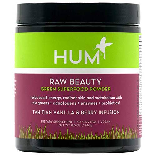 HUM Raw Beauty Greens Superfood Powder - Vegan Probiotic Powder with Adaptogens + Digestive Enzymes - Promotes Glowing Skin, Natural Energy, Healthy Metabolism - Tahitian Vanilla & Berry (30 Servings)