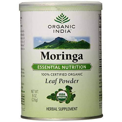 Organic India Moringa Herbal Supplement Powder - Green Superfood, Nutrient Dense, Pure Plant Protein, Vitamin A, E, K, Iron, Calcium, Fiber, Vegan, Gluten-Free, USDA Certified Organic - 8 oz Canister