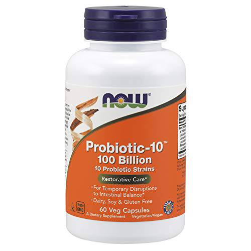NOW Supplements, Probiotic-10™, 100 Billion, with 10 Probiotic Strains,Dairy, Soy and Gluten Free, Strain Verified, 60 Veg Capsules
