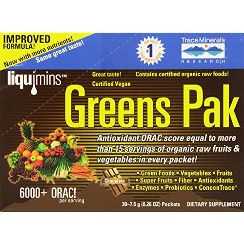 Trace Minerals Greens Pak (Chocolate 30-Count) Increased Energy and Metabolism | Digestion, Gut Health and Detoxification | 72 Ionic Trace Minerals, Antioxidants, Green Foods, Fiber, Probiotics