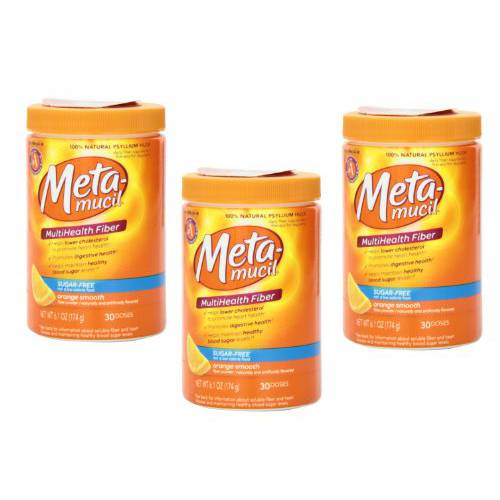 Meta-mucil Multihealth Fiber 1 Doctor Recommended Brand and 100% Natural Psyllium Husk Sugar Free Daily Fiber Supplement of Orange Smooth Fiber Powder and Naturally and Artificially Flavored- 3 Pack of 30 Doses or 6.1 Oz (90 Doses Total)