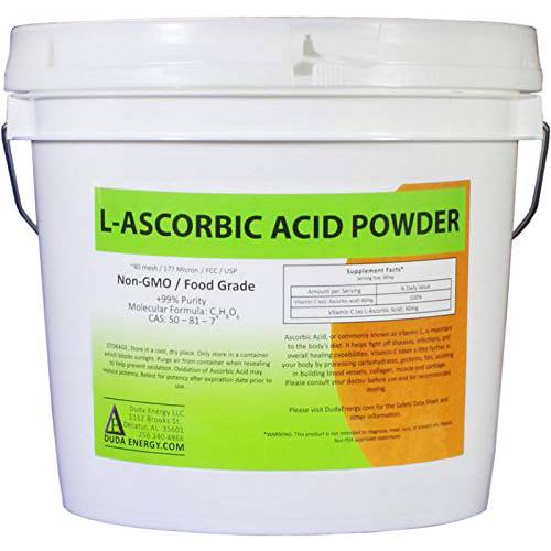 Duda Energy asc8p Pail of L-Ascorbic Acid Powder 99+% Food Grade USP36/BP2012 Naturally Fermented Pure White Crystals Form of Vitamin C, 8 lb.