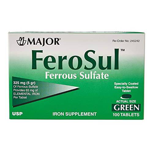 MAJOR FEROSUL 325MG (5GR) GREEN FERROUS SULFATE-325 MG Green 100 TABLETS UPC 309047591824 by Major Pharmaceuticals