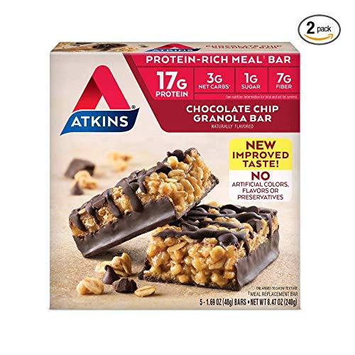 Atkins Protein-Rich Meal Bar, Chocolate Chip Granola, 5 Count each pack - 8.4 Ounce (Pack of 2)