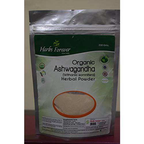 Herbsforever Ashwagandha Powder, Certified Organic Indian Ginseng Winter Cherry for Fatigue, Brain Fog, Weight gain, Dryness in Skin, Hair and Nails,8.11 Oz,230 GMS 2X (Optimum Potency)