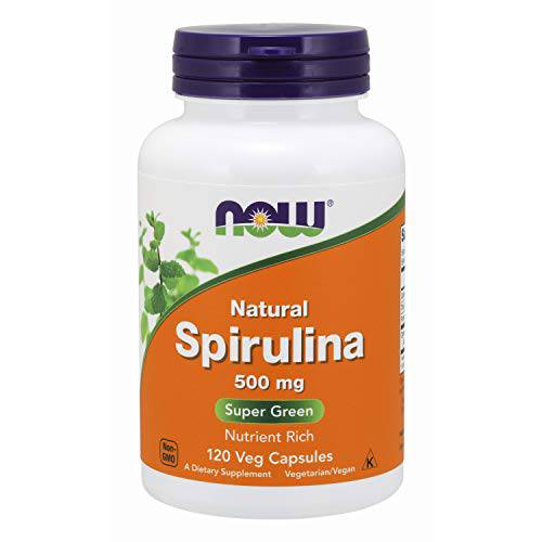 NOW Supplements, Natural Spirulina 500 mg with Beta-Carotene (Vitamin A) and Vitamin B-12, and naturally occurring Protein and GLA (Gamma Linolenic Acid), 120 Veg Capsules