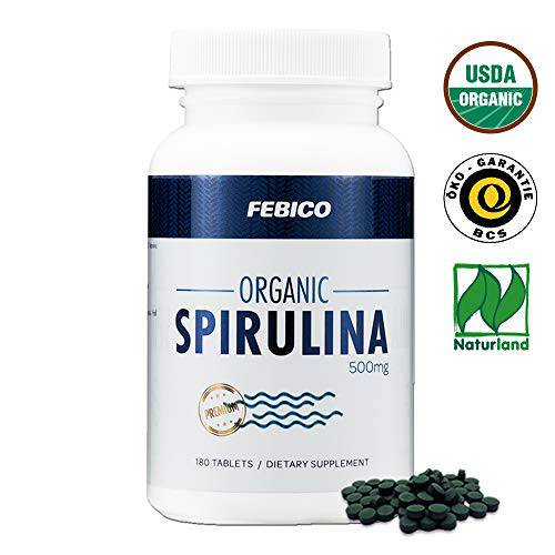 FEBICO Organic Spirulina Tablets- 500mg 180 Counts -Vegan, 100% Pure, Enriched Vitamin B12 Complex, Phycocyanin, Non-GMO, Gluten Free & Non-Irradiated, USDA, Naturland, Halal Certified