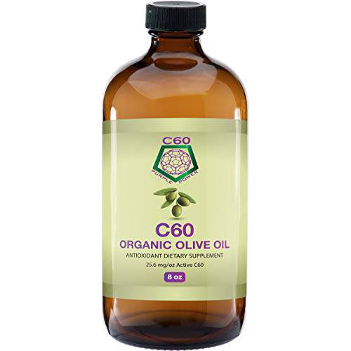 C60 Purple Power Organic Extra Virgin Olive Oil (8 Fl Oz) 99.99% Pure Carbon 60 Antioxidant - Third-Party Tested for Purity, Quality & Concentration - Made in The USA