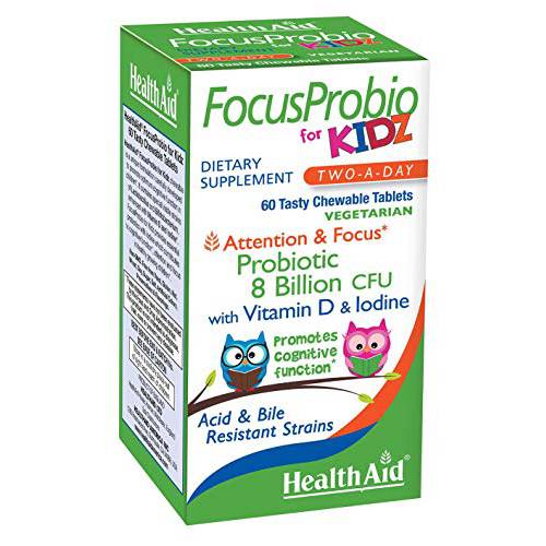 FocusProbio for Kidz, 60 Chewable Tablets, Supports Cognitive Function for Attention and Focus. BlackCurrant and Vanilla Flavor, contains Vitamin D & Iodine. Acid & Bile Resistant Strains. Vegetarian