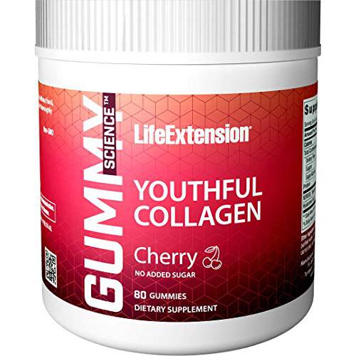 Life Extension Gummy Science Youthful Collagen - Bioactive Collagen Peptides Hyaluronic Acid Supplement Gummies for Skin Health - Cherry Flavor – Non-GMO, Gluten & Sugar Free – 80 Gummies