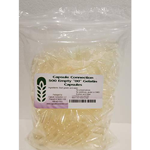 Capsule Connection USA-Made 500 00 Size Empty Gelatin Capsules, Resealable Bag, Natural, No additives