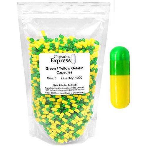 XPRS Nutra Size 1 Empty Capsules- 1000 Count Empty Gelatin Capsules- Capsules Express Empty Pill Capsules- DIY Capsule Filling Fillable Pure Bovine Pill Capsules Empty Gel Caps Pills (Green / Yellow)