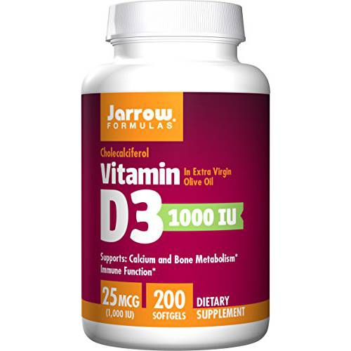 Jarrow Formulas Vitamin D3 1000 IU - 200 Softgels - Bone Health, Immune Function & Calcium Metabolism Support - 200 Servings