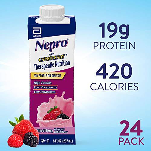 Nepro Nutrition Shake for People on Dialysis, with 19 Grams of Protein, 420 Calories, Mixed Berry, 8 Fl Oz (Pack of 24)