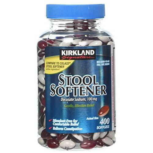 Compare Stool Softener to Colace - Kirkland Signature Stool Softener Docusate Sodium 100 Mg, (400 Softgels) in One Bottle , Pack of 4