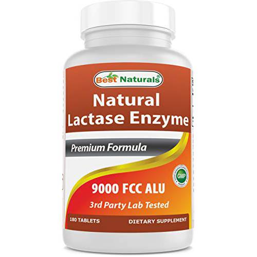 Best Naturals Lactose Intolerance Relief Tablets with Natural Lactase Enzyme, Fast Acting High Potency Lactase, 9000 FCC ALU, 180 Count