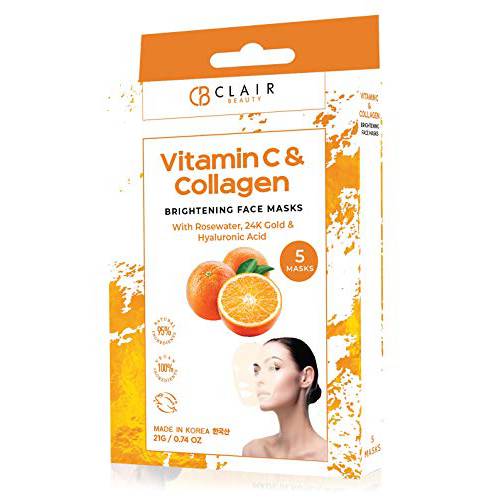CLAIR BEAUTY Vitamin C and Collagen Skincare, Brightening Face Mask, Moisturizing, Restoring & Illuminating Sheet Mask, Age-Fighting & Wrinkle Reducing Mask for Women and Men, 5 Pack