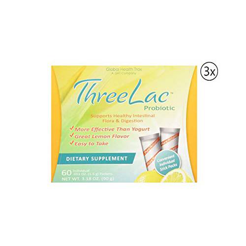 Threelac Original Natural Probiotic Candida Relief Lemon Flavor Dietary Supplement (3 Box) .053-Ounce 60 Packets by Global Health Care