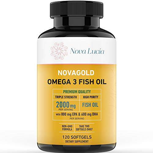 Omega 3 Burpless Fish Oil Supplement 2000mg Max Strength Maintain Healthy Heart, Sharper Brain, Shiny Hair, Boost Immune System, High Potency EPA & DHA Vitamin E, Non-GMO 120 Small Liquid Softgels