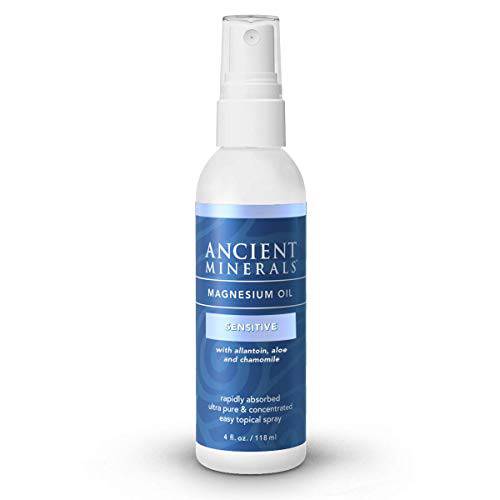 Ancient Minerals Magnesium Oil Spray Sensitive Plus Gentle Concentration of Genuine Zechstein Topical Magnesium Chloride Oil with Avena Sativa, Nopal Cactus, Organic Chamomile, and Allantoin (4oz)