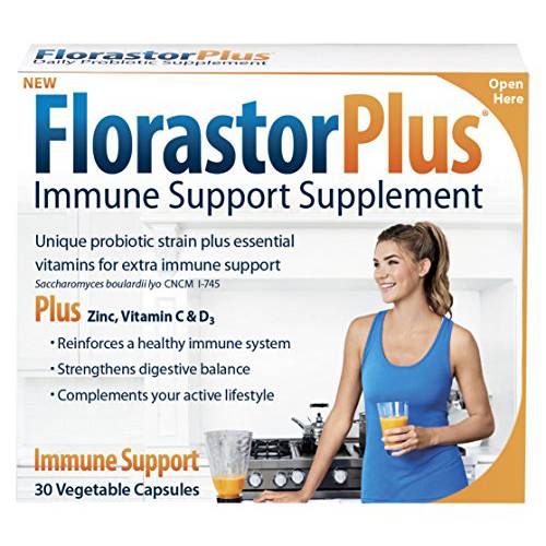 Florastor Immunity Boost Daily Probiotic & Immune Support Supplement for Women and Men, Saccharomyces Boulardii CNCM I-745 Plus Zinc, Vitamin C & D3, 30 Caps, Package May Vary
