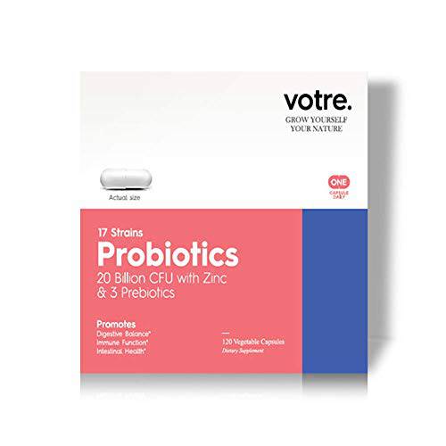 Votre. Probiotics 20 Billion CFU with Zinc & 3 Prebiotics, 120 Vegetable Capsules, Gut Health, Immune Support, Constipation