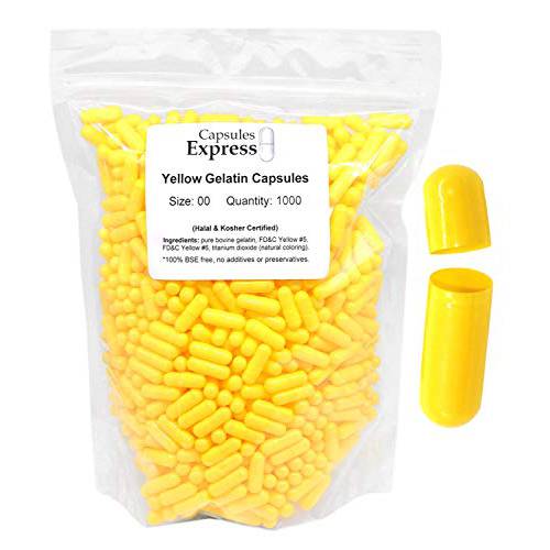 XPRS Nutra Size 00 Empty Capsules - 1000 Count Colored Empty Gelatin Capsules - Capsules Express Empty Pill Capsules - DIY Supplement Capsule Filling - Fillable Color Gel Caps Pills (Yellow)