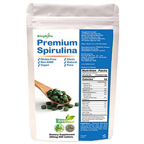 Biophyto Spirulina 200mg 600 Tablets -High Protein, Rich in Multivitamins & Minerals- Enriched Vit.B12 - 100% Pure -Vegan Green Superfood- Non GMO, Non-Irradiated, Boosts Energy and Supports Immunity