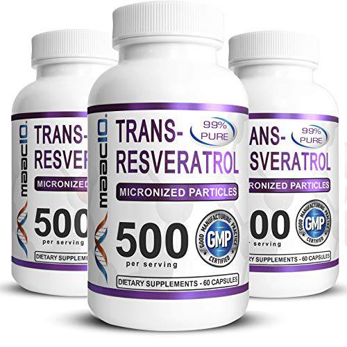 MAAC10 99% Pure Trans Resveratrol 500mg (3 Pack Micronized Resveratrol, 180 Count 250mg Capsules, 2 per Serving) Sirtuin Activator & NAD Boosting Supplement.