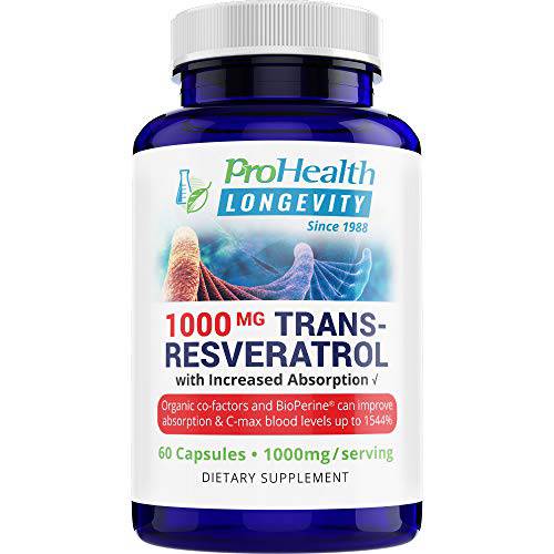 ProHealth 1,000 mg Trans-Resveratrol. 99.5% Pure, 15X Better Absorption from 420mg Polyphenol Complex (Quercetin, Red Wine & Green Tea Extracts, BioPerine) (60 X 500mg Capsules = 30 X 1000mg Servings)