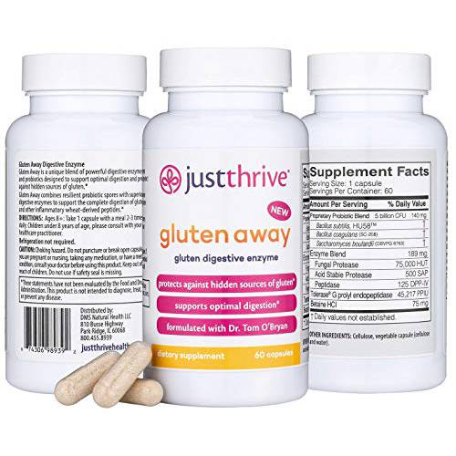 Just Thrive: Gluten Away - Vegan Digestive Support for Trace Gluten in Food - 60 Capsules - Unique Digestive Enzyme and Probiotic Blend - Supports Intestinal Barrier Function - Paleo and Keto