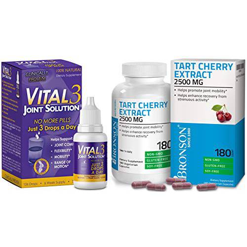Vital 3 Joint Solution® Clinically Proven Liquid Knee Relief Supplement + Tart Cherry Extract 2500 mg Vegetarian Capsules