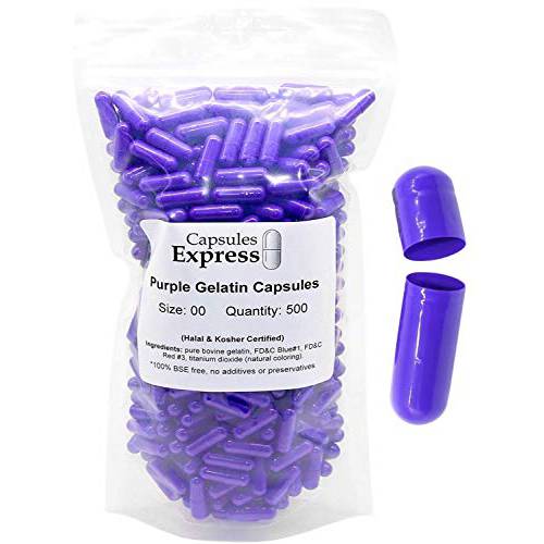 XPRS Nutra Size 00 Empty Capsules - 500 Count Colored Empty Gelatin Capsules - Capsules Express Empty Pill Capsules - DIY Supplement Capsule Filling - Fillable Color Gel Caps Pills (Purple)