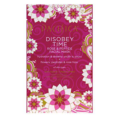 Pacifica Beauty Disobey Time Peptide Hydrating Facial Sheet Mask | For All Skin Types | 1 Count | Hyaluronic Acid, Rose + Peptides | 100% Cotton Mask | Moisturizing + Calming | Vegan + Cruelty Free
