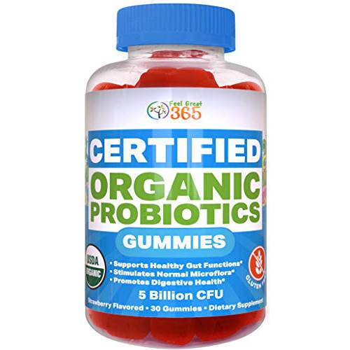 Feel Great Vitamin Co. USDA Organic 2.5 Billion CFU Probiotic Pectin Gummies ( 30 Day) | Clinically Proven Probiotic B. Subtilis DE111 |Supports Gut Health* | Strawberry Flavor