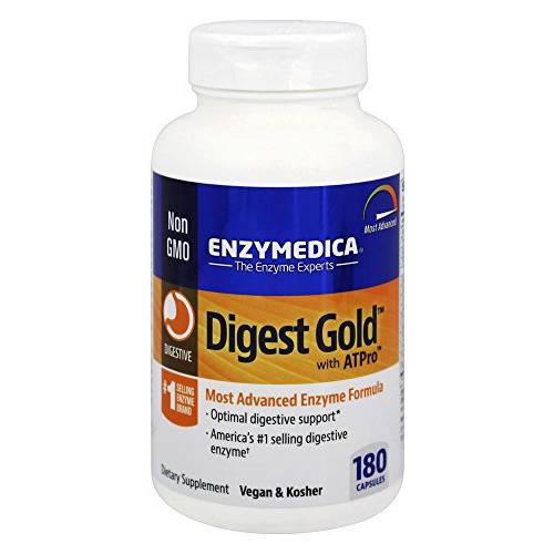 Enzymedica Digest Gold + ATPro, Maximum Strength Enzyme Formula, Prevents Bloating and Gas, 14 Key Enzymes Including Amylase, Protease, Lipase and Lactase, 180 Capsules