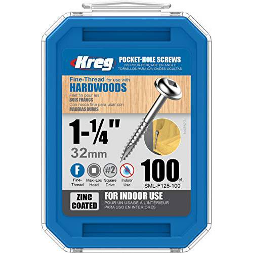 Kreg SML-F125-100 Zinc Pocket Screws, 1-1/4 Inch 7 Fine Thread, Maxi-Loc Head (100 Count)