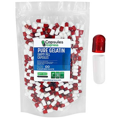 XPRS Nutra Size 00 Empty Capsules - 500 Count Colored Empty Gelatin Capsules - Capsules Express Empty Pill Capsules - DIY Supplement Capsule Filling - Fillable Color Gel Caps Pills (Clear Red / White)