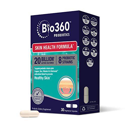Bio360 Probiotics | Skin Health Formula | Daily Vegan Probiotic with Targeted Strains & Dermaval Antioxidant Blend | 30 Supplements