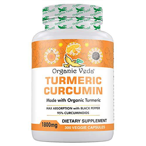 Organic Veda Turmeric Curcumin Capsules – Organic Dietary Supplement Made with Organic Turmeric – Non-GMO, Max Absorption with Black Pepper – for Immune, Joints & Inflammation Health - 300 Veggie