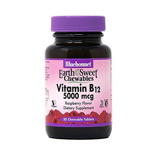 Bluebonnet Nutrition Earth Sweet Vitamin B12 5000 mcg Chewable Tablets, Soy-Free, Gluten-Free, Kosher Certified, Dairy-Free, Vegan, Raspberry Flavored, 30 Chewable Tablets, 30 Servings