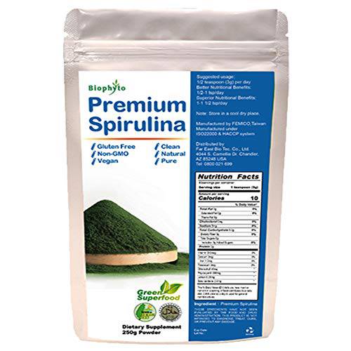Biophyto Spirulina Powder 250g -Enriched Vitamins & Minerals- B12 Complex, Phycocyanin-Green Superfood-Vegan-Non GMO-Gluten Free-Non-Irradiated, Boosts Energy and Supports Immunity-100% Nature