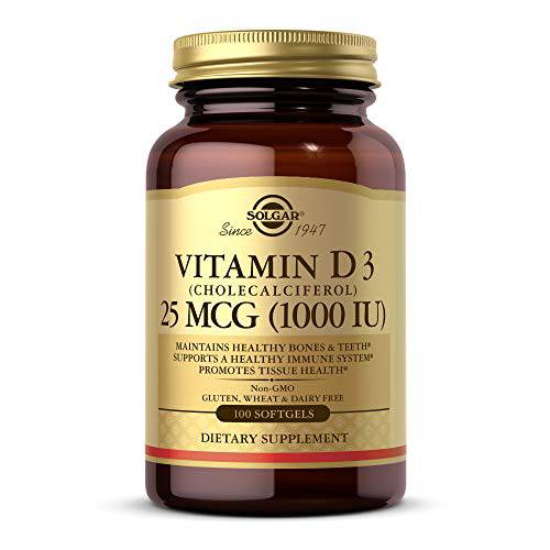 Solgar Vitamin D3 (Cholecalciferol) 25 mcg (1000 IU) - Helps Maintain Healthy Bones & Teeth - Immune System Support - Non-GMO, Gluten Free, Dairy Free - 100 Count (Pack of 1)