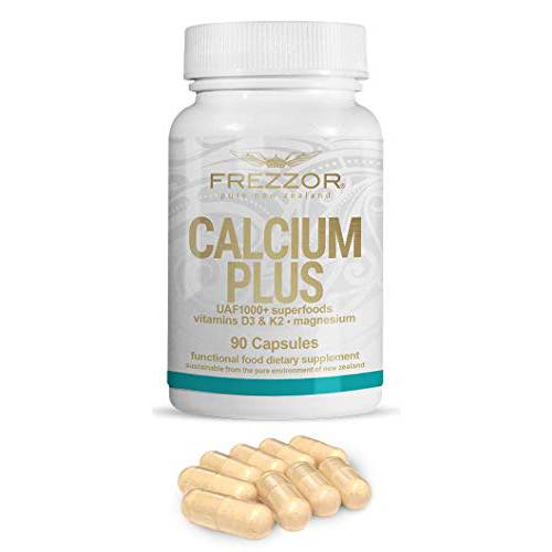 FREZZOR Calcium Plus with UAF1000+, New Zealand Natural Raw Calcium Supplement for Bones, Teeth, Gut Health, & Cardiovascular Support, Phosphorus, Magnesium, Collagen, Selenium, 90 Capsules, 1 Bottle