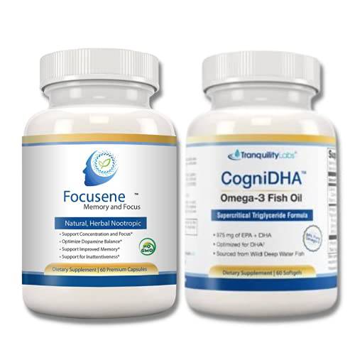 Tranquility Labs Brain Health Bundle - Focusene: Memory and Focus Supplement 60 Capsules + CogniDHA Omega-3 Fish Oil 840 mg - for Brain Enhancement, Memory Loss, Focus and Energy