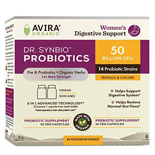 Dr. Synbio Womens Digestive Support Probiotics & Organic Prebiotics – Triphala, Chicory, 50 Billion Cfu And 15 Multiple Strains, Helps Support Digestive System, Restore Normal Gut Flora, Dr Caps