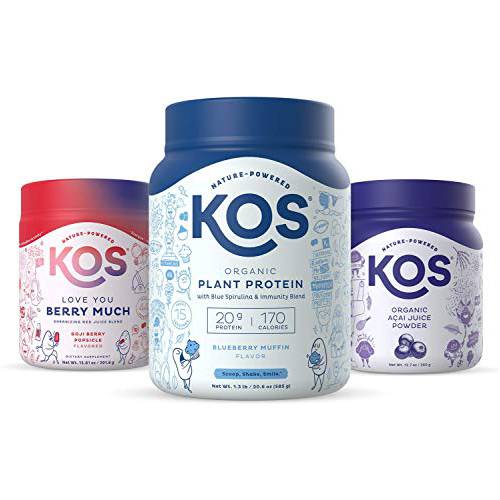 KOS Power Berries Bundle (Organic Blueberry Muffin Plant Protein + Organic Reds Blend + Organic Acai Powder)